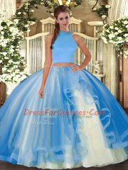 Sleeveless Tulle Floor Length Backless Sweet 16 Dress in Light Blue with Beading and Ruffles