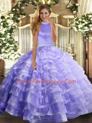 Lavender Backless Vestidos de Quinceanera Beading and Ruffled Layers Sleeveless Floor Length
