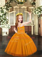 Adorable Floor Length Blue Little Girl Pageant Dress Tulle Sleeveless Beading