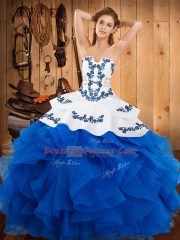Admirable Sleeveless Satin and Organza Floor Length Lace Up Quinceanera Gown in Blue with Embroidery and Ruffles