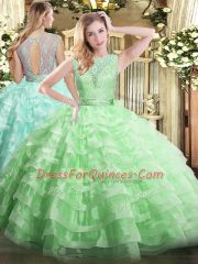 Traditional Organza Sleeveless Floor Length Quinceanera Gowns and Lace and Ruffled Layers