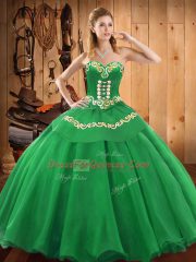 Green Ball Gowns Satin and Tulle Sweetheart Sleeveless Embroidery Floor Length Lace Up Quinceanera Gown