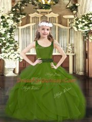 High Class Olive Green Zipper Scoop Beading and Ruffles Little Girl Pageant Gowns Tulle Sleeveless