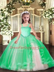 Turquoise Sleeveless Floor Length Appliques Lace Up Pageant Gowns For Girls