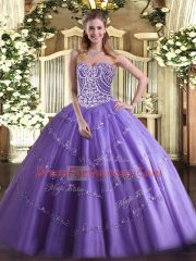 Lavender Ball Gowns Beading 15th Birthday Dress Lace Up Tulle Sleeveless Floor Length