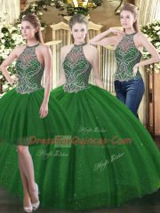 Dark Green Tulle Lace Up High-neck Sleeveless Floor Length Quinceanera Gown Beading