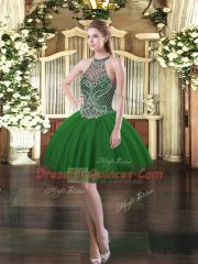 Dark Green Tulle Lace Up High-neck Sleeveless Floor Length Quinceanera Gown Beading