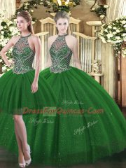Dark Green Tulle Lace Up High-neck Sleeveless Floor Length Quinceanera Gown Beading