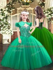 High Class Turquoise Ball Gowns Tulle Straps Sleeveless Beading Floor Length Lace Up High School Pageant Dress