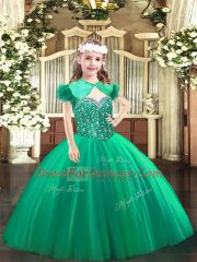 High Class Turquoise Ball Gowns Tulle Straps Sleeveless Beading Floor Length Lace Up High School Pageant Dress