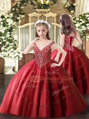 Enchanting Floor Length Ball Gowns Sleeveless Red Little Girl Pageant Gowns Lace Up