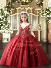 Enchanting Floor Length Ball Gowns Sleeveless Red Little Girl Pageant Gowns Lace Up