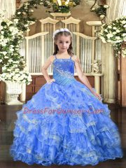 Baby Blue Sleeveless Floor Length Beading and Ruffled Layers Lace Up Pageant Gowns For Girls