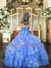 Baby Blue Sleeveless Floor Length Beading and Ruffled Layers Lace Up Pageant Gowns For Girls