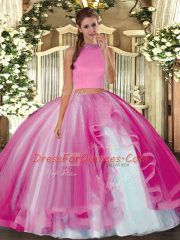 Chic Hot Pink Two Pieces Tulle Halter Top Sleeveless Beading and Ruffles Floor Length Backless Sweet 16 Dress