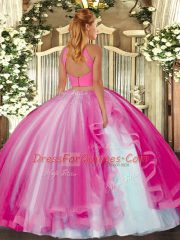 Chic Hot Pink Two Pieces Tulle Halter Top Sleeveless Beading and Ruffles Floor Length Backless Sweet 16 Dress