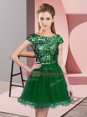 Cap Sleeves Tulle Mini Length Zipper Court Dresses for Sweet 16 in Dark Green with Sequins