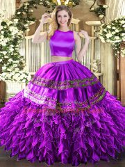 Sumptuous Sleeveless Floor Length Ruffles and Sequins Criss Cross Sweet 16 Quinceanera Dress with Eggplant Purple