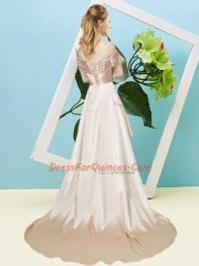 Edgy Elastic Woven Satin and Sequined Off The Shoulder Short Sleeves Lace Up Sequins Dress for Prom in