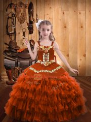 Customized Floor Length Lace Up Pageant Gowns For Girls Rust Red for Party and Sweet 16 and Quinceanera and Wedding Party with Embroidery and Ruffled Layers