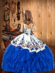 Luxurious Purple Sleeveless Floor Length Embroidery and Ruffles Lace Up Pageant Gowns For Girls