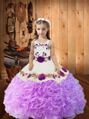 Nice Sleeveless Floor Length Embroidery and Ruffles Lace Up Little Girl Pageant Dress with Lilac