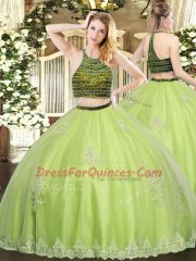 Elegant Yellow Green Halter Top Zipper Beading and Appliques Sweet 16 Dress Sleeveless