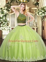 Elegant Yellow Green Halter Top Zipper Beading and Appliques Sweet 16 Dress Sleeveless