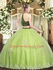 Elegant Yellow Green Halter Top Zipper Beading and Appliques Sweet 16 Dress Sleeveless