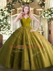 Deluxe Tulle V-neck Sleeveless Zipper Beading Vestidos de Quinceanera in Olive Green