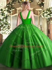 Deluxe Tulle V-neck Sleeveless Zipper Beading Vestidos de Quinceanera in Olive Green