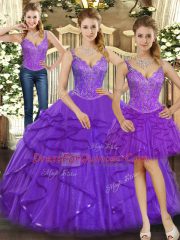 Graceful Floor Length Lace Up Quinceanera Dresses Purple for Military Ball and Sweet 16 and Quinceanera with Beading and Ruffles