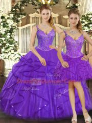 Graceful Floor Length Lace Up Quinceanera Dresses Purple for Military Ball and Sweet 16 and Quinceanera with Beading and Ruffles
