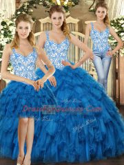Straps Sleeveless Organza Quince Ball Gowns Beading and Ruffles Lace Up