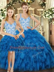 Straps Sleeveless Organza Quince Ball Gowns Beading and Ruffles Lace Up