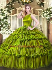 Olive Green Clasp Handle Quince Ball Gowns Ruffled Layers Sleeveless Floor Length