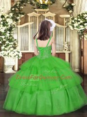 Floor Length Royal Blue Little Girl Pageant Dress Organza Sleeveless Beading and Ruffled Layers