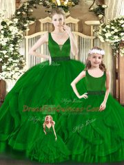 Green 15th Birthday Dress Military Ball and Sweet 16 and Quinceanera with Beading and Ruffles V-neck Sleeveless Zipper