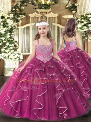 Fuchsia Sleeveless Floor Length Beading and Ruffles Lace Up Kids Pageant Dress