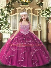 Fuchsia Sleeveless Floor Length Beading and Ruffles Lace Up Kids Pageant Dress