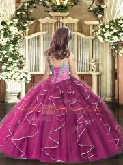 Fuchsia Sleeveless Floor Length Beading and Ruffles Lace Up Kids Pageant Dress