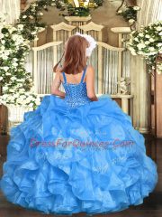 Baby Blue Ball Gowns Beading and Ruffles Little Girls Pageant Gowns Zipper Organza Sleeveless Floor Length