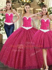 Floor Length Lace Up Ball Gown Prom Dress Fuchsia for Military Ball and Sweet 16 and Quinceanera with Ruching