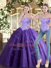Fashionable Purple Lace Up Sweetheart Beading 15th Birthday Dress Tulle Sleeveless