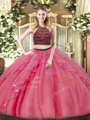 Coral Red Halter Top Neckline Beading and Ruffles Vestidos de Quinceanera Sleeveless Zipper