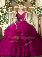 Sumptuous V-neck Sleeveless Backless Vestidos de Quinceanera Fuchsia Organza