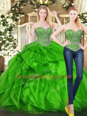 Sexy Tulle Sweetheart Sleeveless Lace Up Beading and Ruffles 15th Birthday Dress in Green