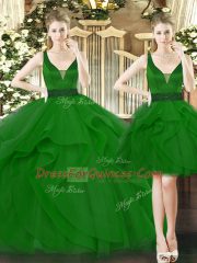 Gorgeous Green Ball Gowns Beading and Ruffles Quinceanera Gowns Lace Up Tulle Sleeveless Floor Length