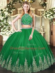 Exceptional Tulle High-neck Sleeveless Zipper Beading and Ruffles 15 Quinceanera Dress in Dark Green