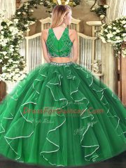 Purple Tulle Zipper High-neck Sleeveless Floor Length Sweet 16 Quinceanera Dress Beading and Ruffles